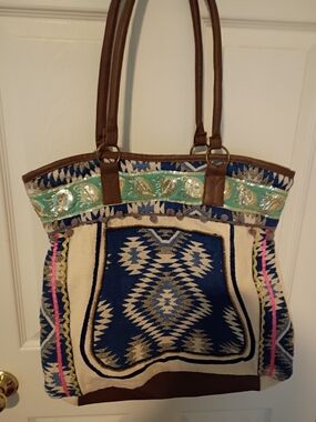 Boho Navy Aztec Tote Bright Colors Hot Pink, Seafoam Bluegreen, Navy NWOT
